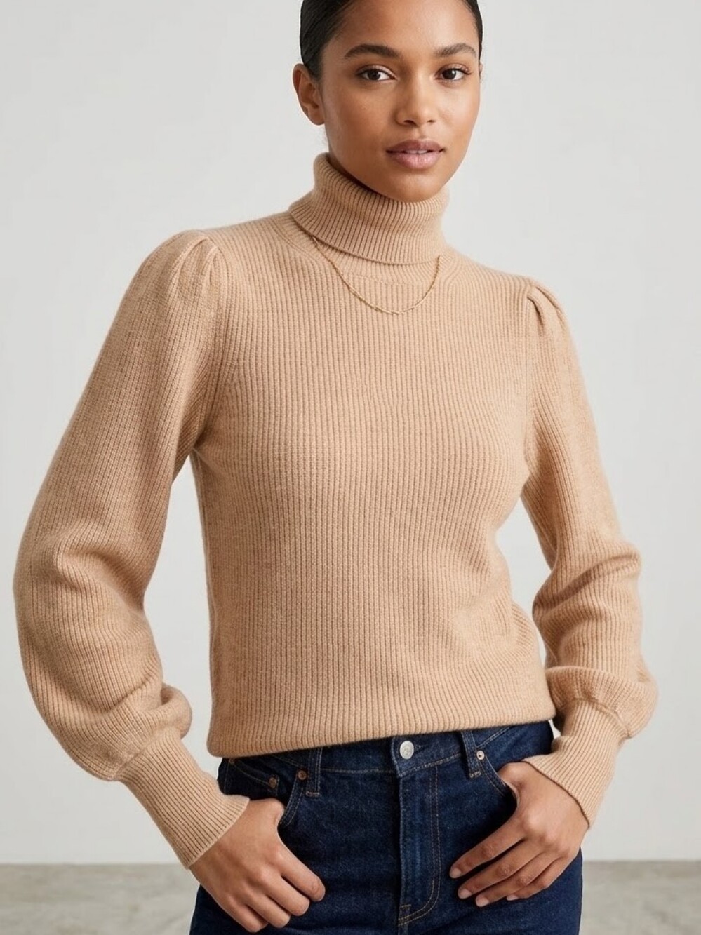 J. Crew Beige Turtleneck Sweater 100% Merino Wool Ribbed Size S Balloon-sleeve